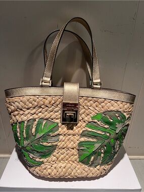 Michael Kors Straw Tote with palm Leaf Appliqués and Gold Trim